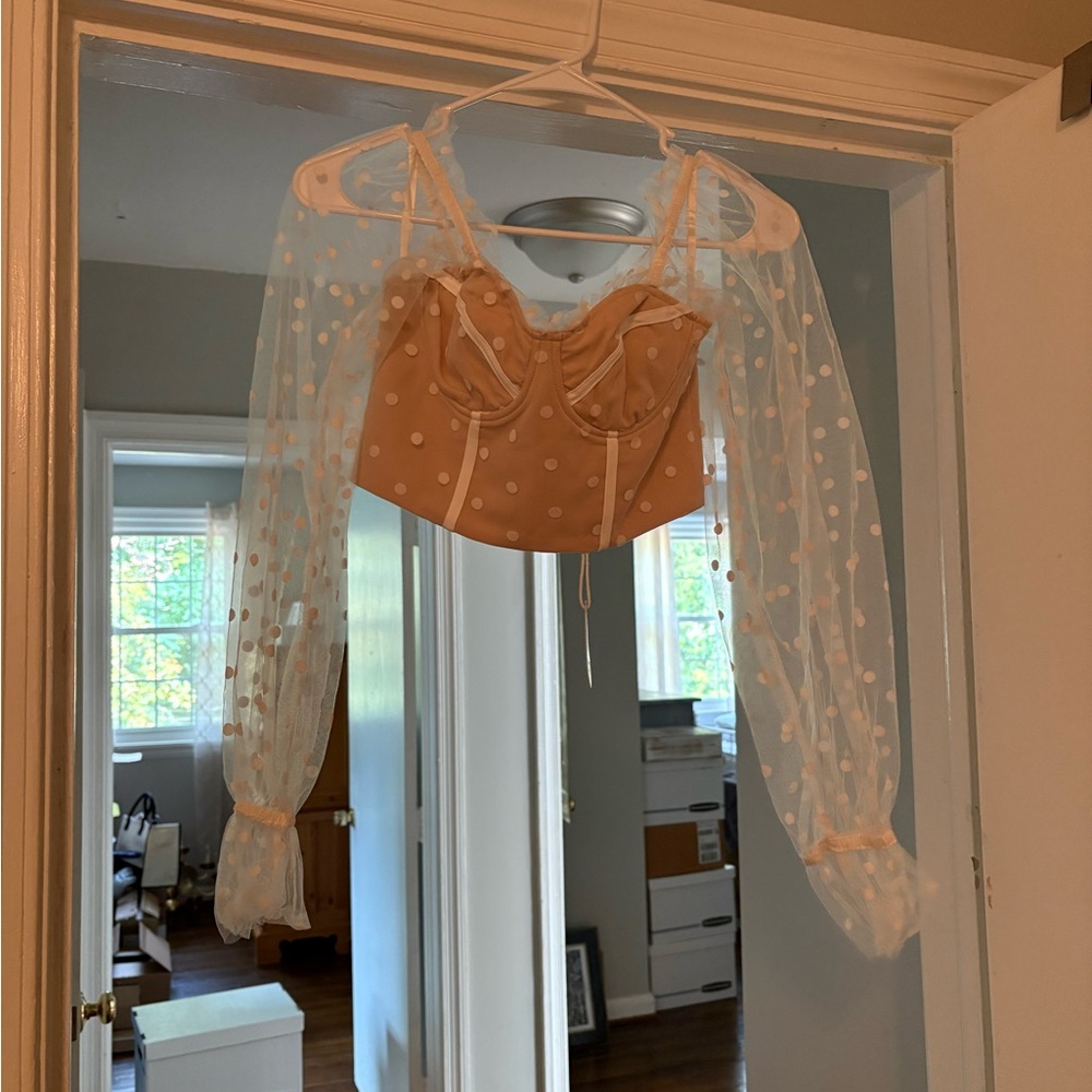 Petal and Pup Beige and White Sheer Polka Dot Sleeve Top